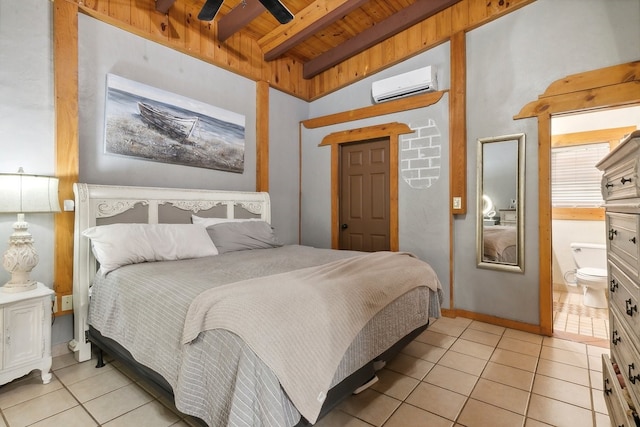 bedroom with light tile patterned floors, a wall unit AC, wood ceiling, beamed ceiling, and ceiling fan