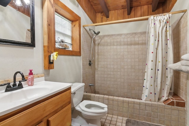 full bathroom with tile patterned floors, shower / bathtub combination with curtain, toilet, beamed ceiling, and vanity