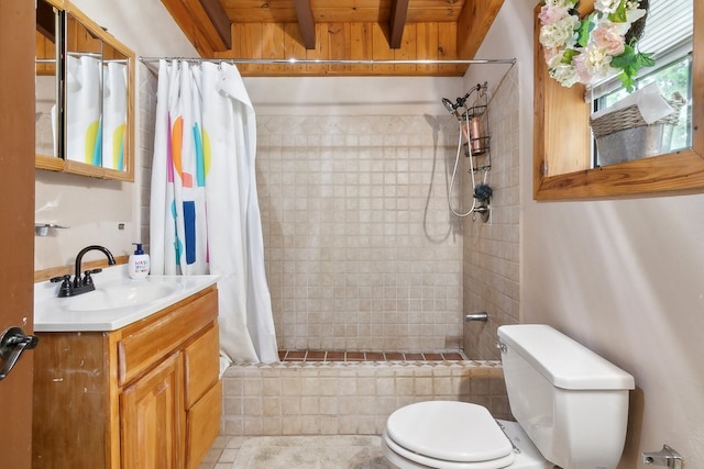 full bathroom with toilet, tile patterned flooring, vanity, shower / tub combo with curtain, and beam ceiling