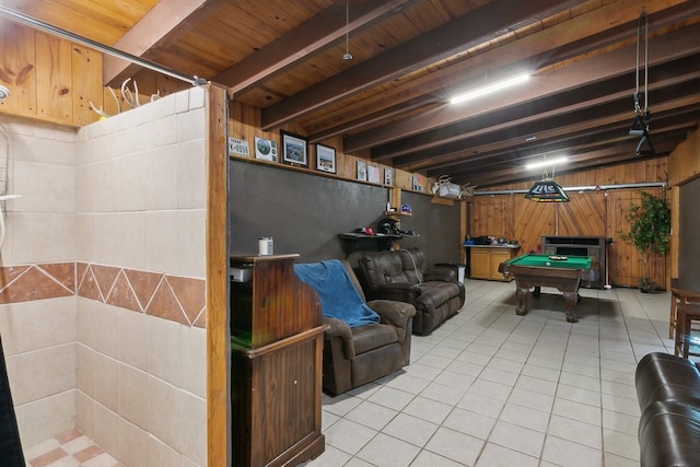 interior space featuring billiards and beamed ceiling