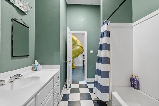 bathroom with vanity and shower / bath combo with shower curtain