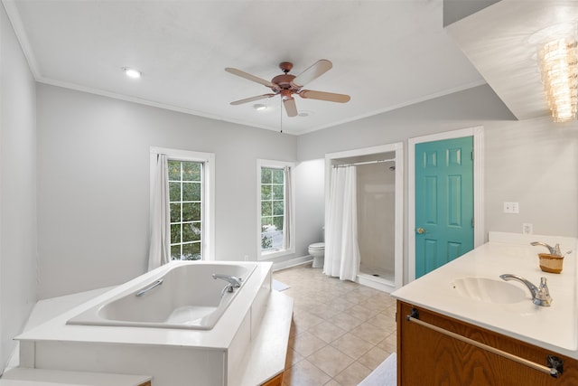 full bathroom with tile patterned flooring, separate shower and tub, toilet, ceiling fan, and vanity