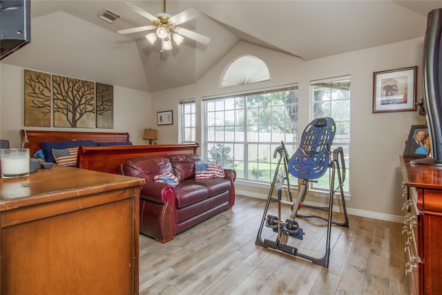 interior space with lofted ceiling, light hardwood / wood-style flooring, and ceiling fan