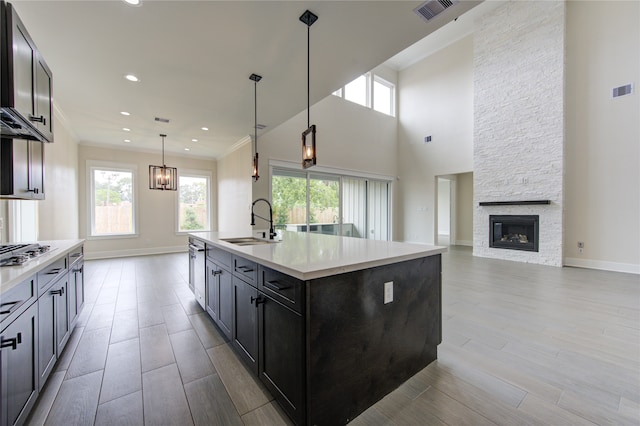 kitchen featuring a kitchen island with sink, a stone fireplace, sink, and light hardwood / wood-style floors