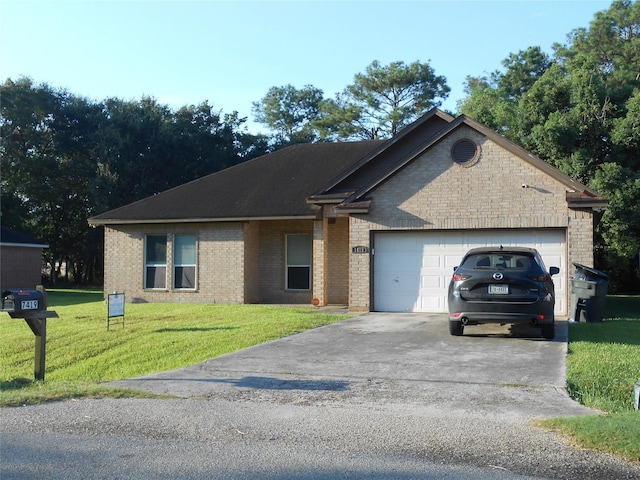 single story home featuring a garage and a front lawn