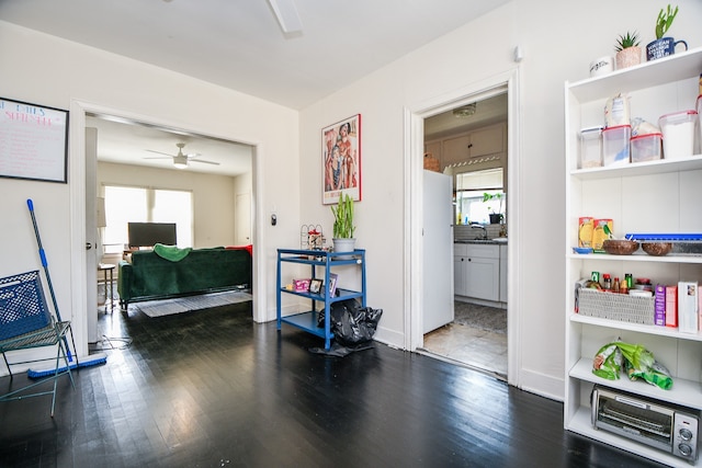 interior space featuring plenty of natural light, ceiling fan, and dark hardwood / wood-style flooring