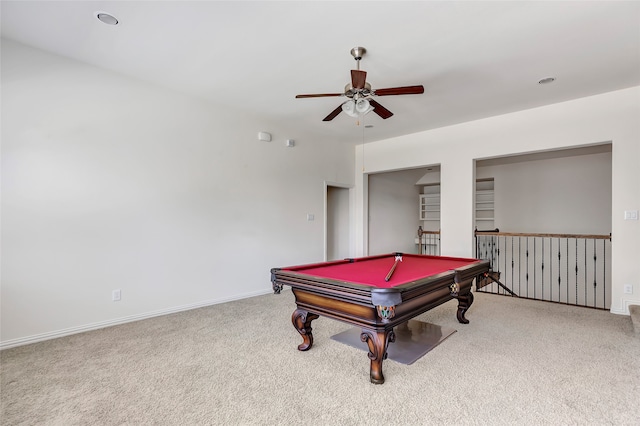 recreation room with billiards, ceiling fan, and carpet flooring