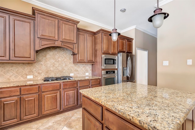 kitchen with light stone countertops, light tile patterned floors, premium range hood, appliances with stainless steel finishes, and crown molding