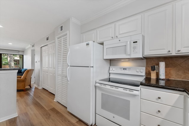 kitchen featuring white cabinets, ornamental molding, backsplash, light wood-type flooring, and white appliances