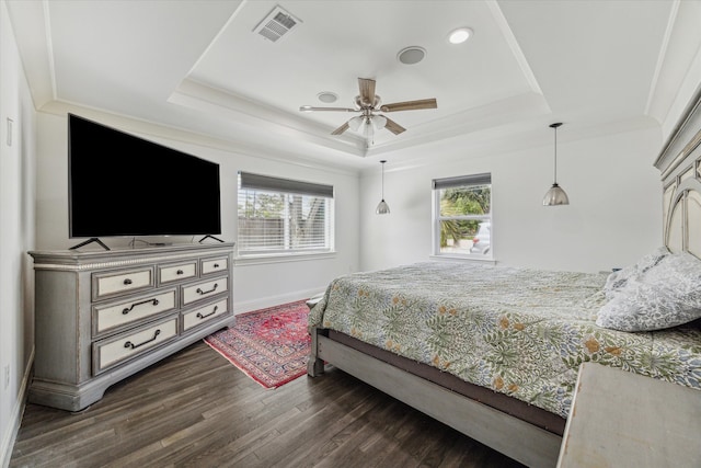 bedroom with a tray ceiling, multiple windows, and dark hardwood / wood-style flooring