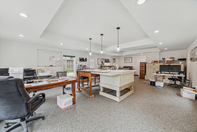 office area featuring a tray ceiling