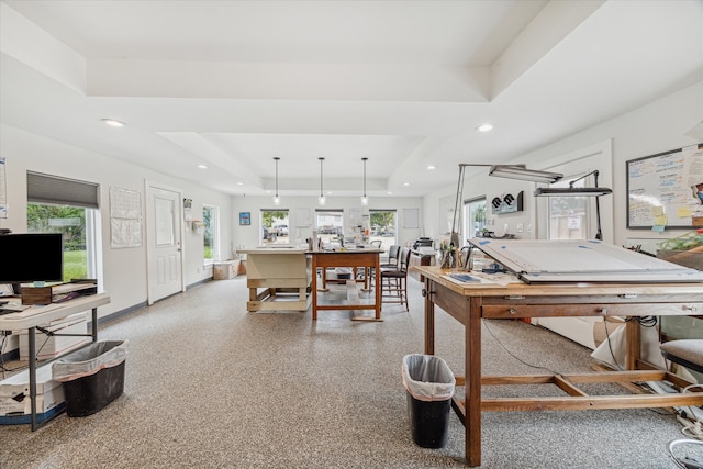 office area featuring billiards and a tray ceiling