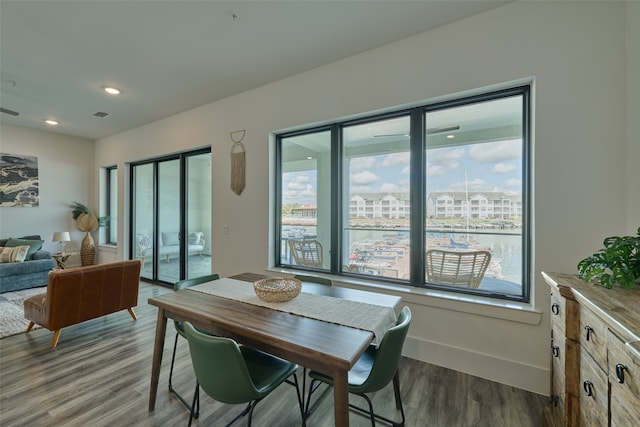 dining space featuring a wealth of natural light and hardwood / wood-style floors