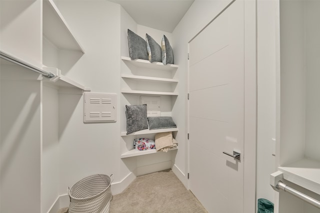 spacious closet with light carpet