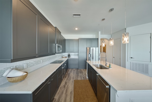 kitchen featuring appliances with stainless steel finishes, pendant lighting, an island with sink, and sink