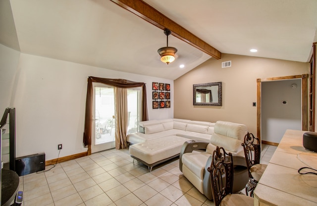 living room featuring light tile patterned floors and lofted ceiling with beams