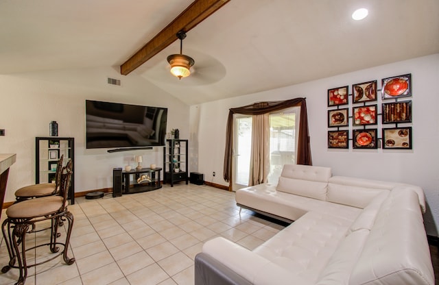 living room with lofted ceiling with beams, ceiling fan, and light tile patterned flooring