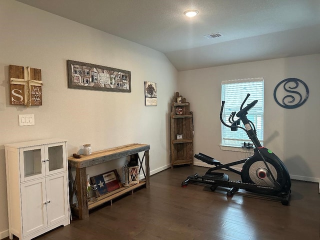 workout room with lofted ceiling and dark wood-type flooring