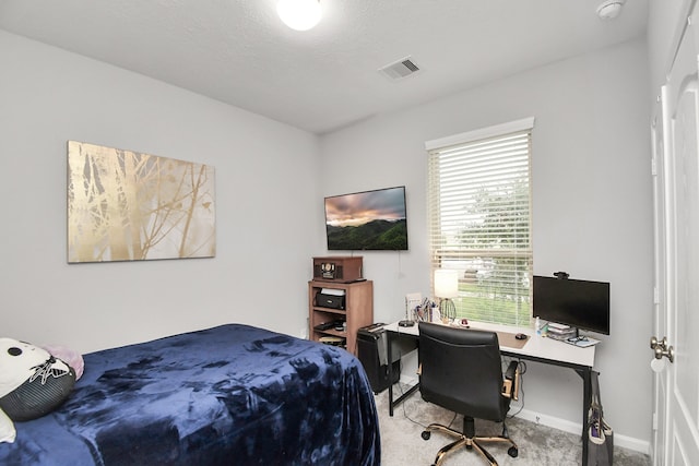 bedroom featuring carpet floors and a textured ceiling