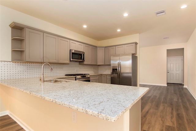 kitchen with stainless steel appliances, dark hardwood / wood-style floors, sink, and kitchen peninsula