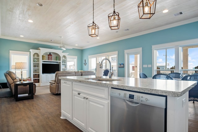 kitchen featuring white cabinets, dishwasher, pendant lighting, a healthy amount of sunlight, and dark hardwood / wood-style floors