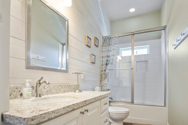 full bathroom featuring shower / bath combination with curtain, vanity, toilet, and decorative backsplash