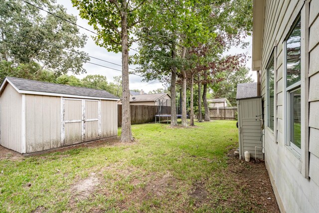 view of yard featuring a trampoline and a storage shed