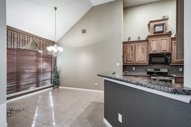 kitchen featuring backsplash, decorative light fixtures, high vaulted ceiling, a notable chandelier, and stainless steel electric range oven