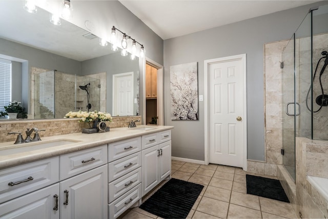 bathroom with vanity, an enclosed shower, backsplash, and tile patterned floors