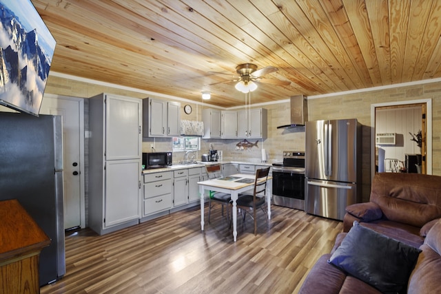 kitchen with wooden ceiling, appliances with stainless steel finishes, sink, and wall chimney range hood