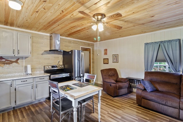 kitchen with wood ceiling, light hardwood / wood-style flooring, ceiling fan, wall chimney exhaust hood, and appliances with stainless steel finishes