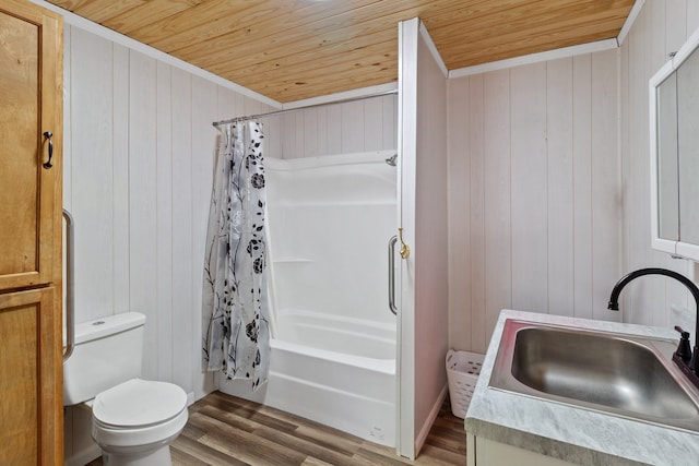 full bathroom with wooden ceiling, hardwood / wood-style floors, toilet, shower / bath combo with shower curtain, and vanity