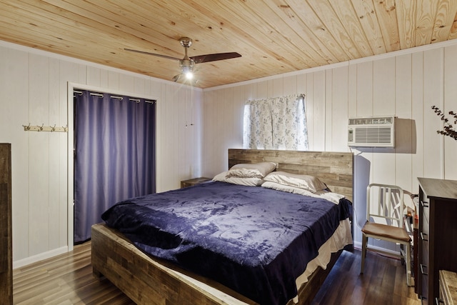 bedroom with wood ceiling, ceiling fan, ornamental molding, and hardwood / wood-style floors