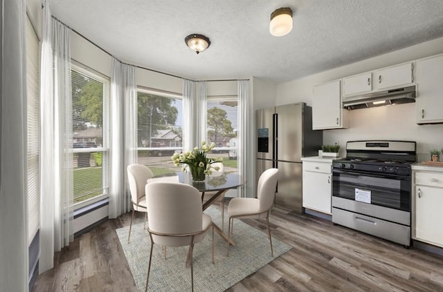 kitchen with stainless steel appliances, white cabinetry, wood-type flooring, and plenty of natural light