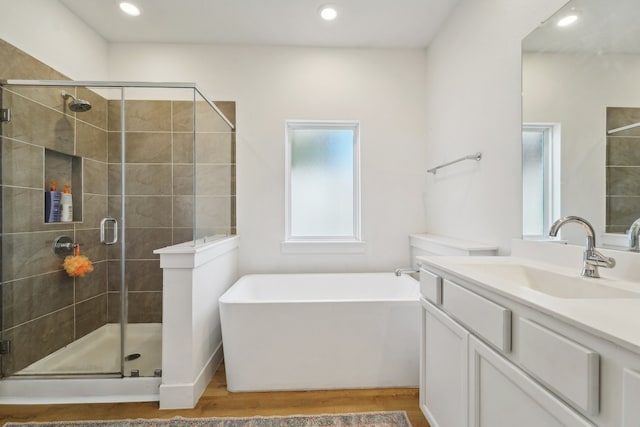 bathroom with separate shower and tub, vanity, hardwood / wood-style floors, and plenty of natural light