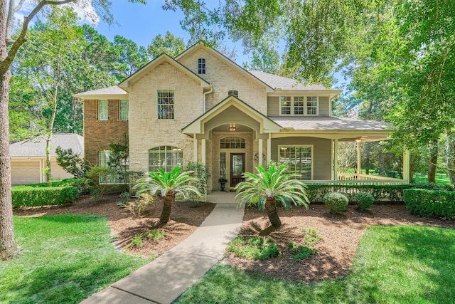 14851 Old Conroe Rd, Conroe, TX 77384 - traditional-style house with a porch and stone siding