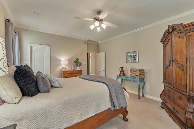 bedroom with light carpet, crown molding, baseboards, and ceiling fan