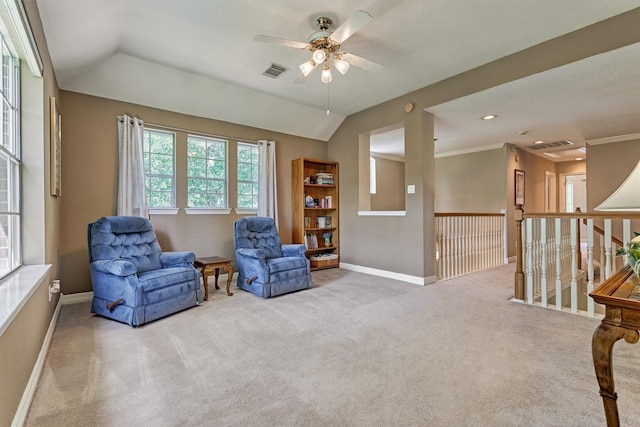 sitting room featuring lofted ceiling, recessed lighting, light carpet, visible vents, and baseboards