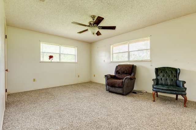 sitting room with a textured ceiling, a healthy amount of sunlight, and ceiling fan