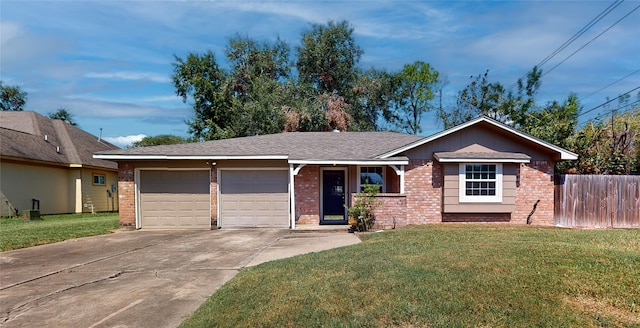 single story home with a garage and a front lawn