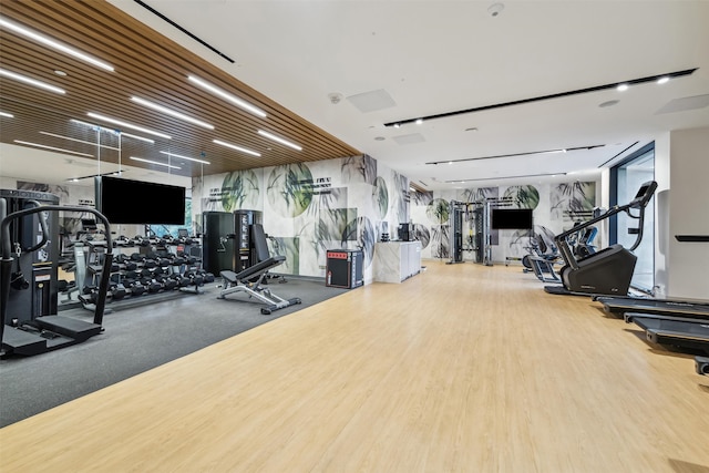 exercise room with hardwood / wood-style flooring