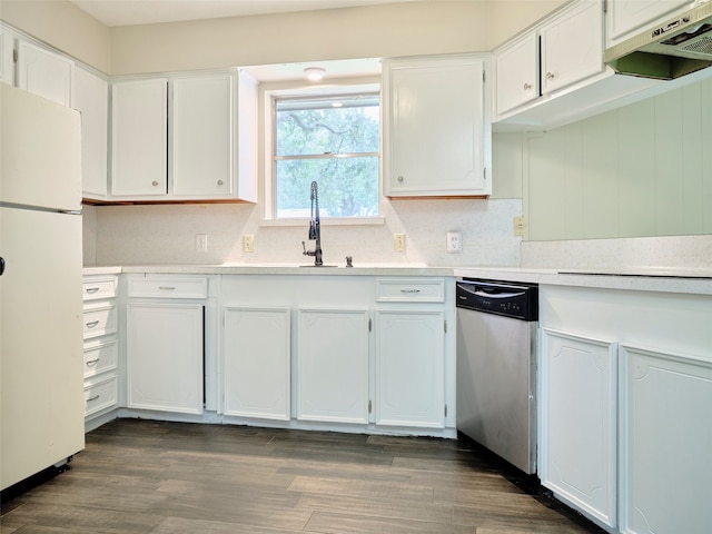 kitchen featuring dishwasher, white refrigerator, white cabinetry, and dark hardwood / wood-style flooring