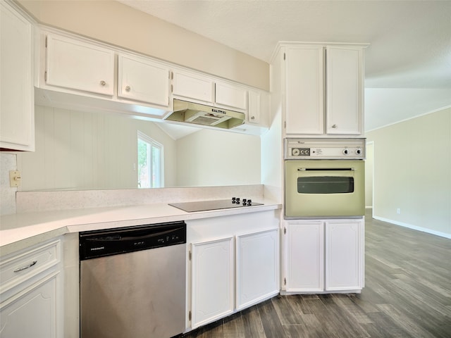 kitchen with oven, dark wood-type flooring, black electric cooktop, stainless steel dishwasher, and white cabinets