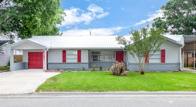 ranch-style house with a front yard and a carport