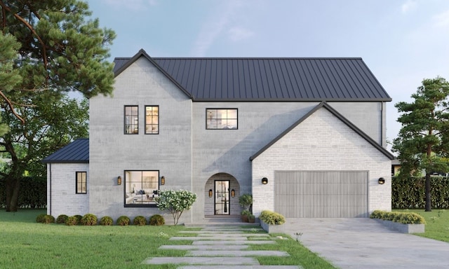 modern farmhouse style home with a garage and a front lawn