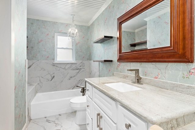 full bathroom featuring vanity, an inviting chandelier, toilet, ornamental molding, and washtub / shower combination