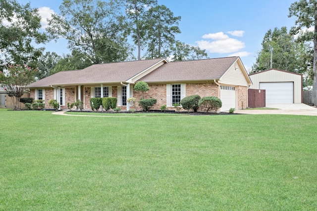 ranch-style house featuring a garage, a porch, and a front lawn