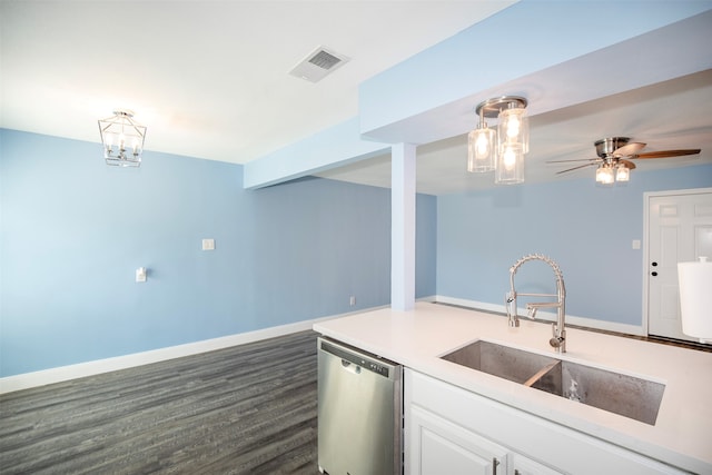 kitchen featuring white cabinets, dishwasher, dark hardwood / wood-style flooring, ceiling fan, and sink