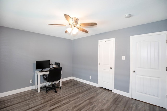 office space with ceiling fan and dark hardwood / wood-style flooring