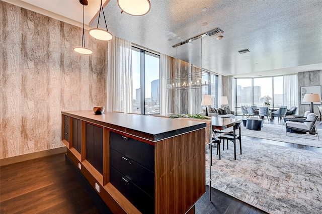 kitchen with dark hardwood / wood-style flooring, rail lighting, hanging light fixtures, and a textured ceiling